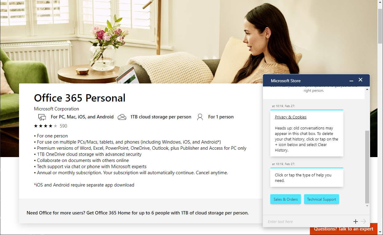 LivePerson chat on M365 website